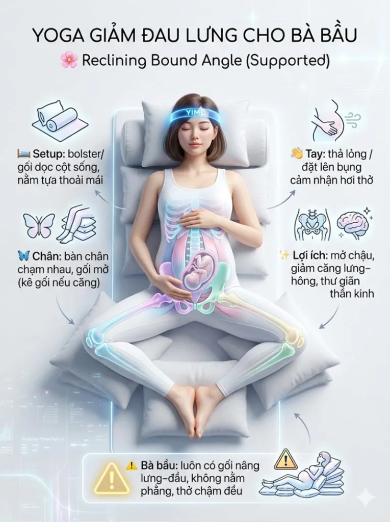 Tư thế Góc cố định nằm ngửa giảm đau lưng, đau hông cho bà bầu