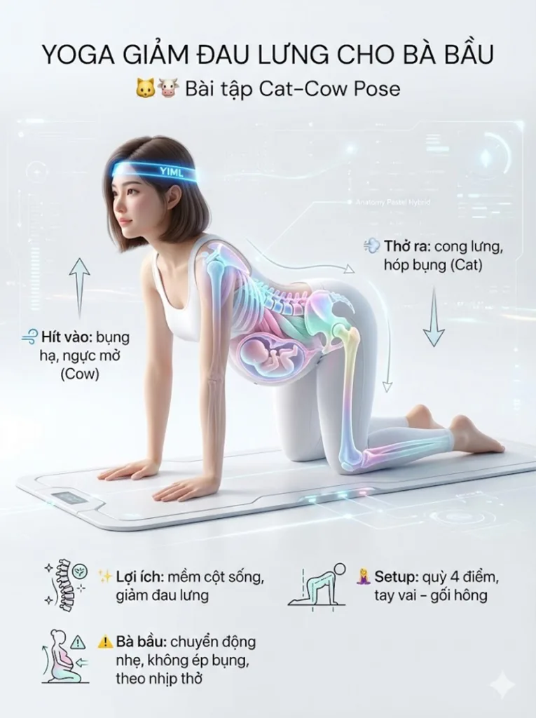 Tư thế con mèo - con bò giảm đau lưng cho bà bầu