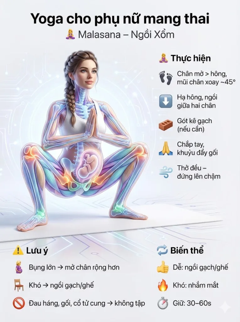 Tư thế Ngồi Xổm (Malasana/Garland Pose) bài tập mở khớp háng cho phụ nữ mang thai
