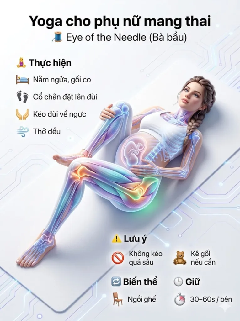 Tư thế Xỏ Kim (Eye of the Needle Pose/ Thread the Needle Pose) Biến thể cho bà bầu bài tập mở khớp háng cho phụ nữ mang thai