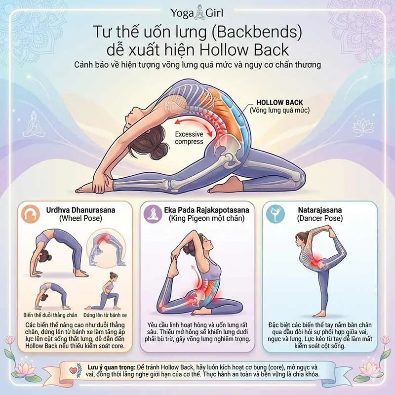 Tư thế Uốn lưng (Backbends) là các tư thế thường xuất hiện hollow backTư thế Uốn lưng (Backbends) là các tư thế thường xuất hiện hollow back
