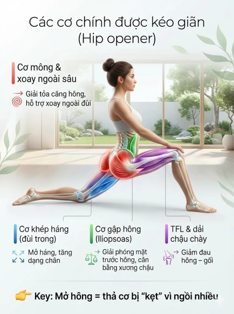 Các cơ chính được kéo giãn (Cơ đối kháng – Antagonists) trong các tư thế mở hông