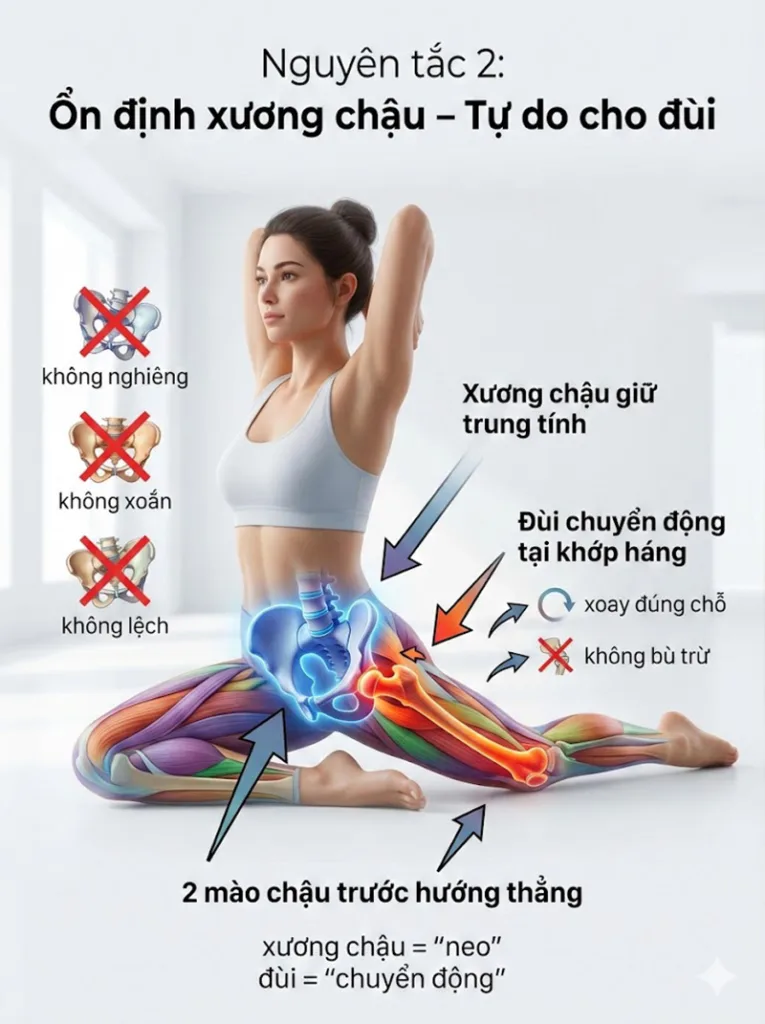 Nguyên tắc 2: “Ổn Định Xương Chậu, Tự Do Cho Đùi trong các tư thế mở hông