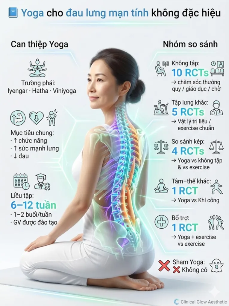 Can thiệp Yoga và các Nhóm So sánh nghiên cứu yoga cho đau lưng mạn tính không đặc hiệu