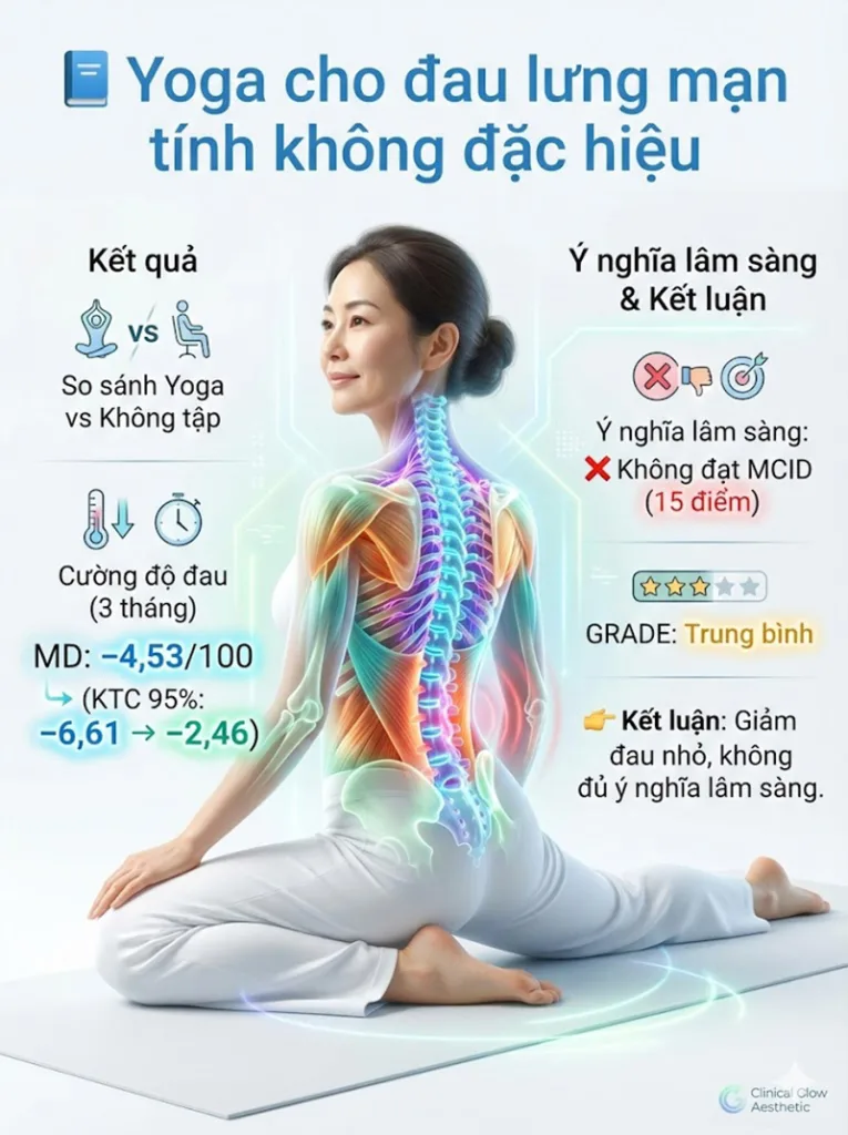 So sánh YOGA so với CAN THIỆP KHÔNG TẬP LUYỆN về  cường độ đau