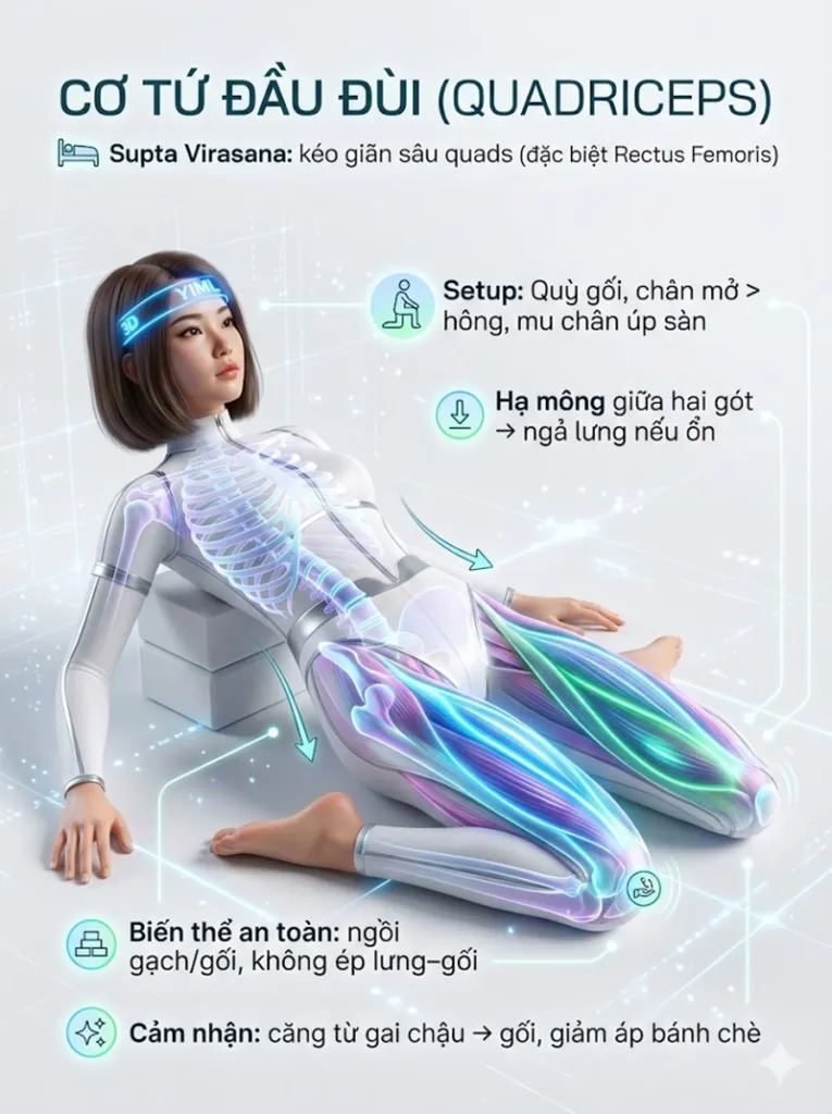 Anh hùng nằm (Supta Virasana) - Kéo giãn sâu cho cơ tứ đầu đùi
