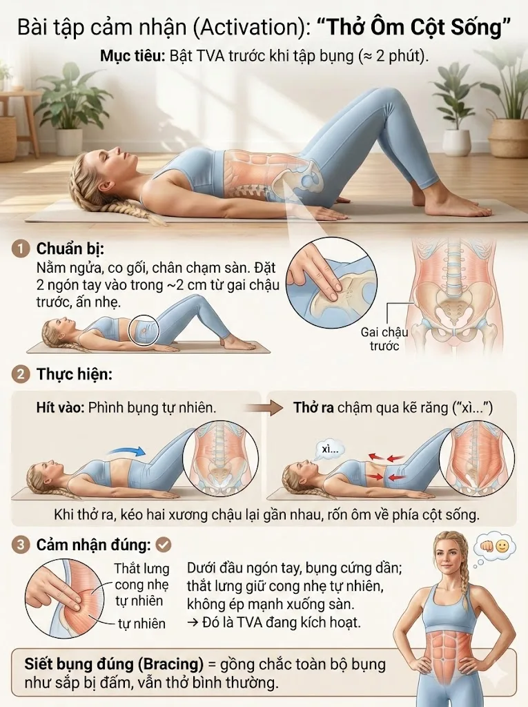 Bài tập Cảm nhận (Activation): Kỹ thuật "Thở Ôm Cột Sống" cho cơ ngang bụng