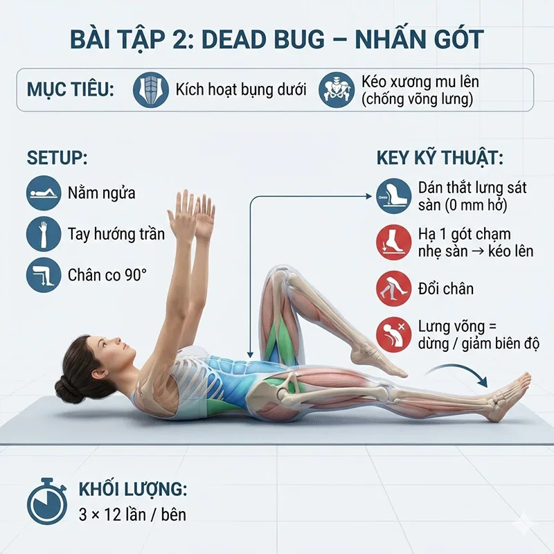 Dead Bug (Con bọ chết - Biến thể nhấn gót) là bài tập hiệu quả để cải thiện tình trạng võng lưng