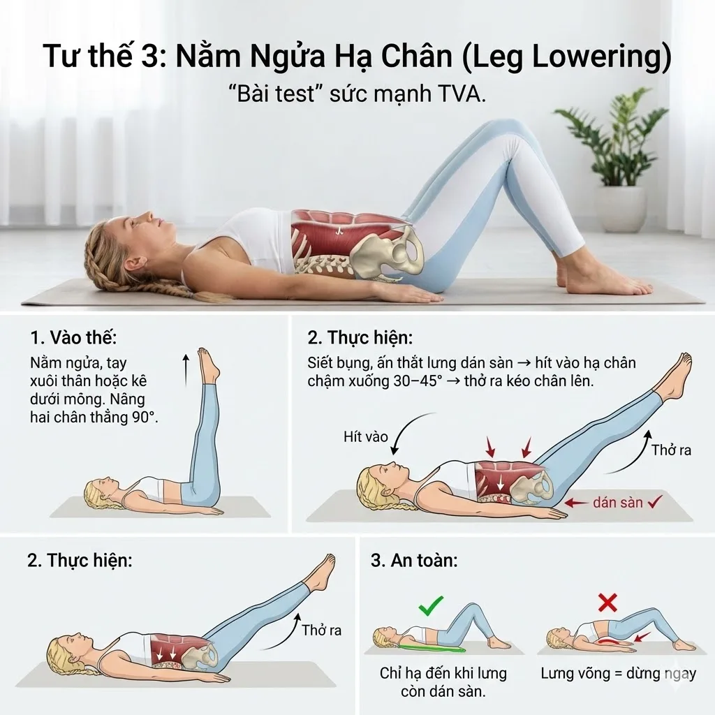 bài tập Nằm Ngửa Hạ Chân để cảm nhận TVA