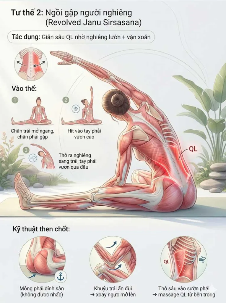 bài tập Ngồi Gập Người Nghiêng (Revolved Janu Sirsasana) cho cơ vuông thắt lưng QL