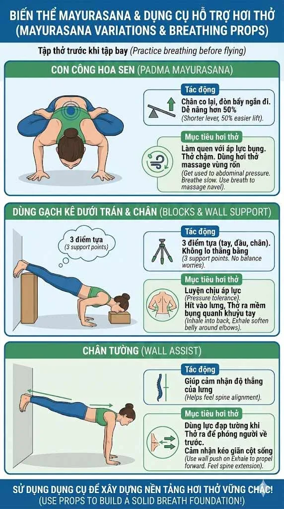hơi thở đúng trong các biến thể của tư thế con công