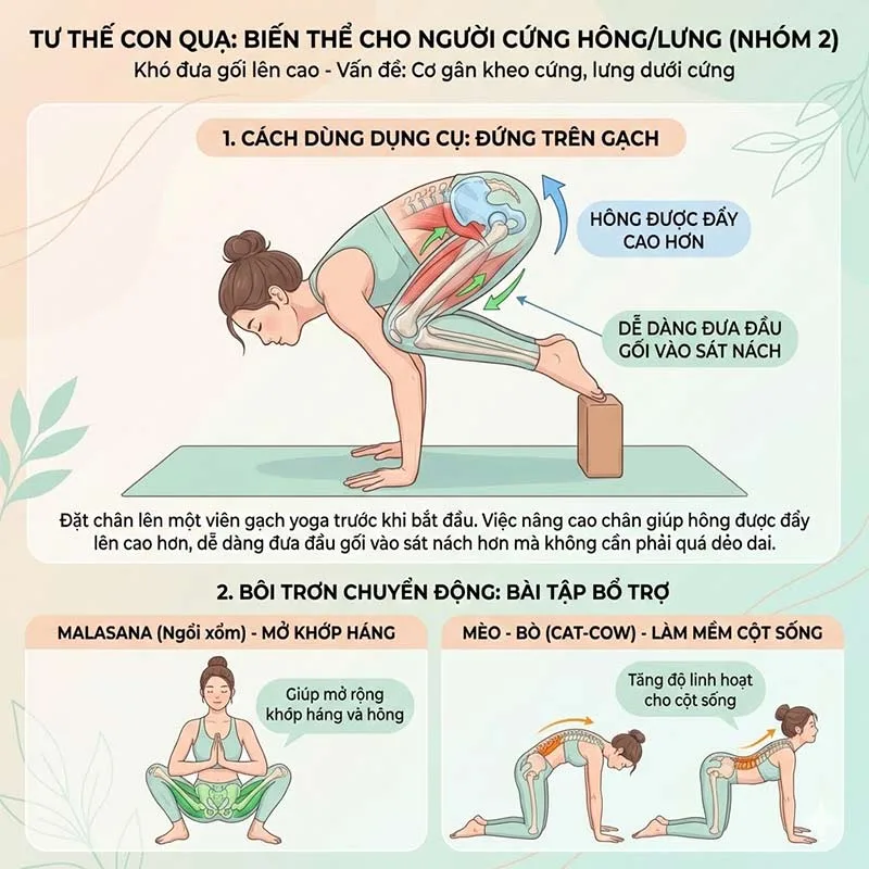 biến thể tư tư thế con quạ cho người Người cứng hông/ lưng (Khó đưa gối lên cao)