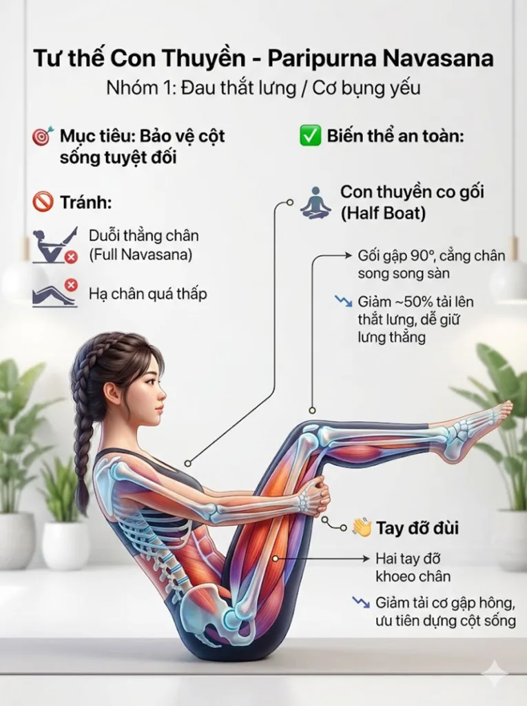Biến thể và điều chỉnh tư thế con thuyền cho người Đau thắt lưng/ Cơ bụng yếu