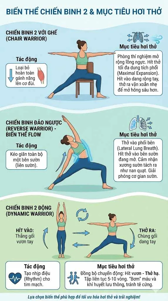 cách giữ hơi thở trong các biến thể của tư thế chiến binh 2