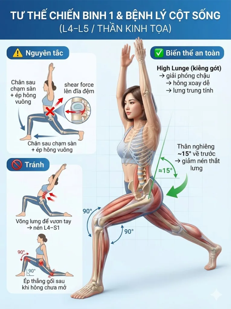 biến thể  tư thế chiến binh 1 cho người Bệnh lý cột sống (Thoát vị đĩa đệm L4-L5/ Đau thần kinh tọa)