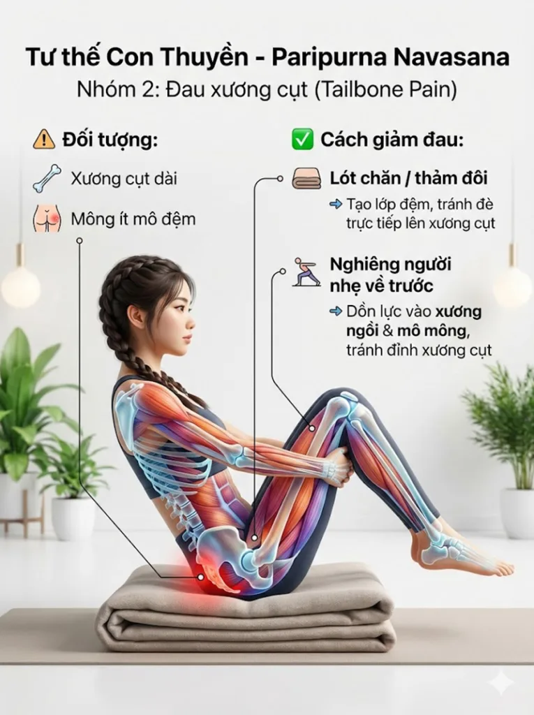 Biến thể và điều chỉnh tư thế con thuyền cho người Đau xương cụt (Tailbone Pain)