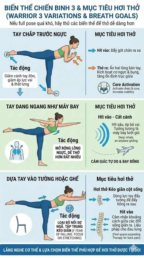 các biến thể và hơi thở trong tư thế chiến binh 3