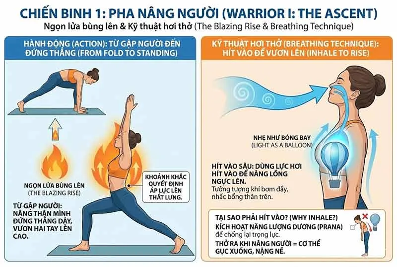 các thở trong pha nâng người tư thế chiến binh 1