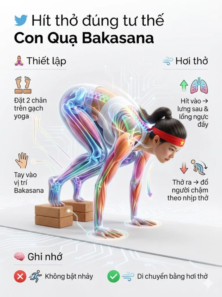 Hít thở khi dùng gạch hỗ trợ dưới chân tư thế con quạ