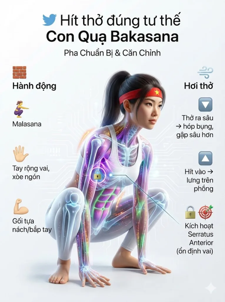 cách hít thở đúng trong tư thế con quạ Pha chuẩn bị và Căn chỉnh