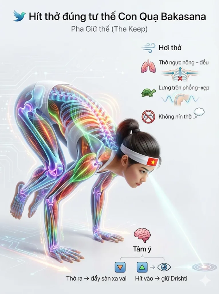 cách hít thở đúng trong tư thế con quạ Pha cất cánh và Giữ thăng bằng (The Flight)