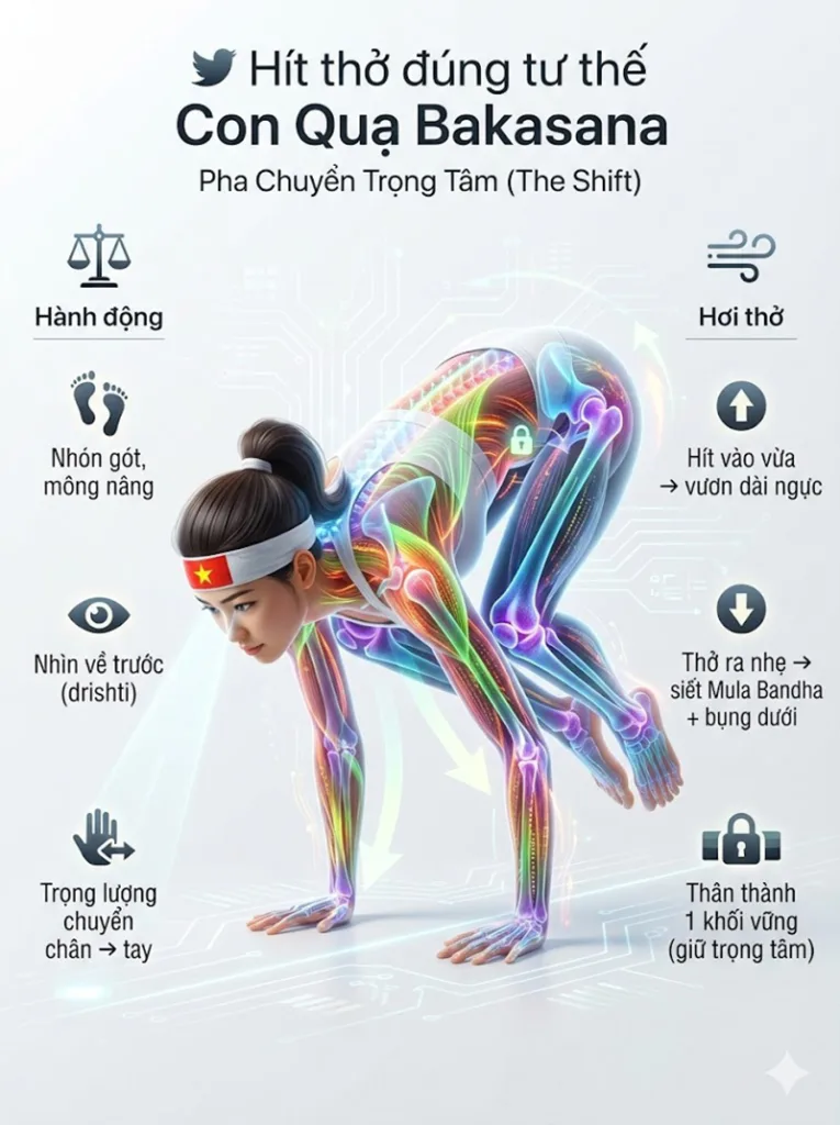 cách hít thở đúng trong tư thế con quạ Pha chuyển trọng tâm (The Shift)