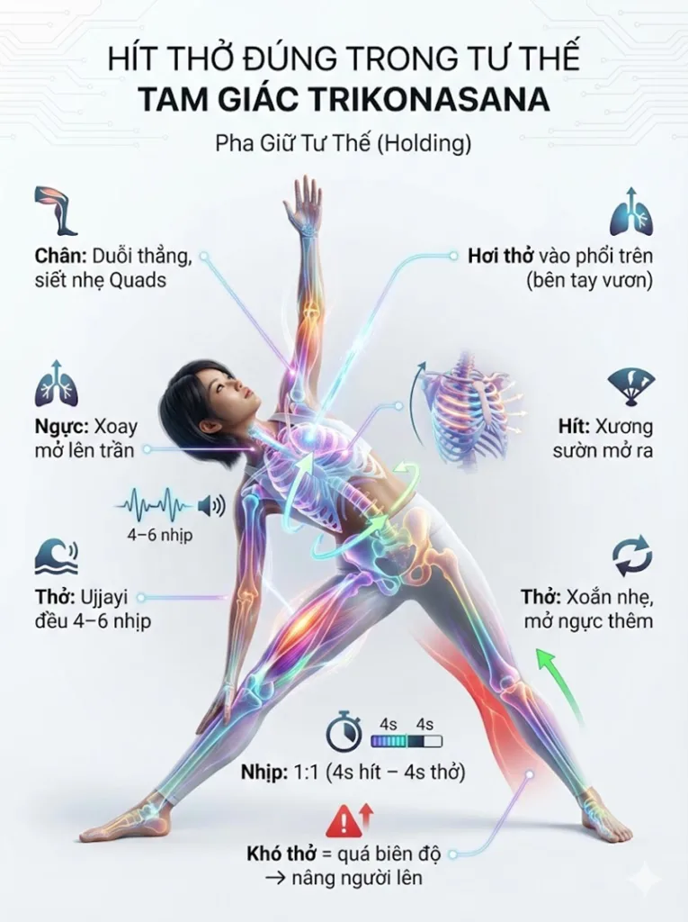 Cách hít thở đúng trong Tư thế Tam Giác pha giữ tư thế