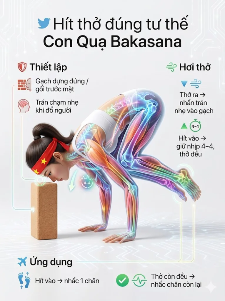 Hít thở khi đặt gạch (hoặc gối) dưới trán tư thế con quạ