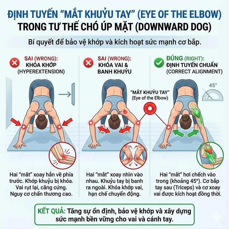 định tuyến chuẩn tư thế chó úp mặ để đề phòng chấn thương khớp khuỷu tay