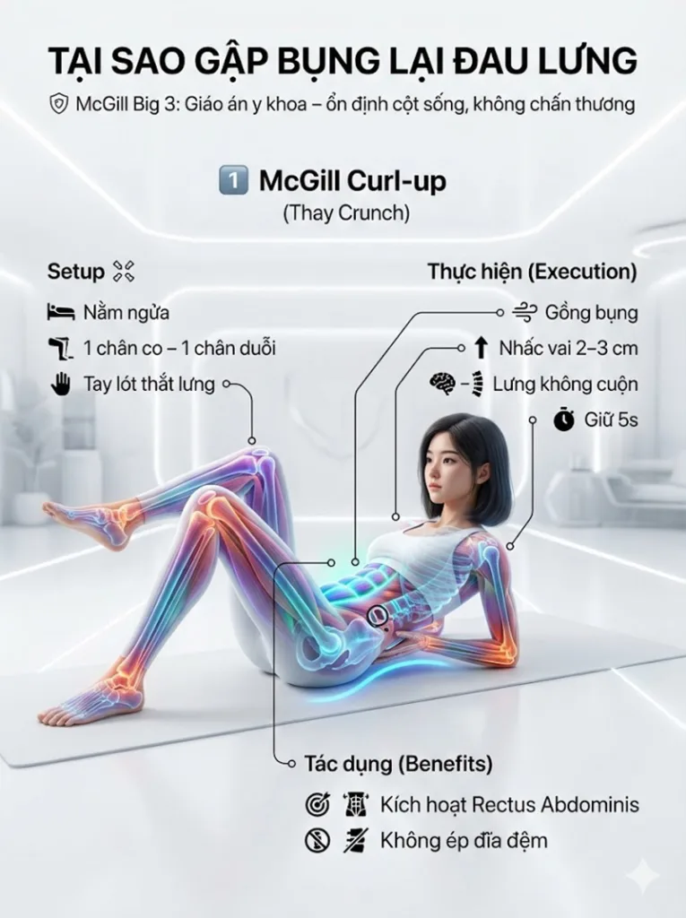 McGill Curl-up (Gập bụng kiểu McGill) Thay thế cho Crunches truyền thống để cải thiện tình trạng đau lưng khi tập bụng