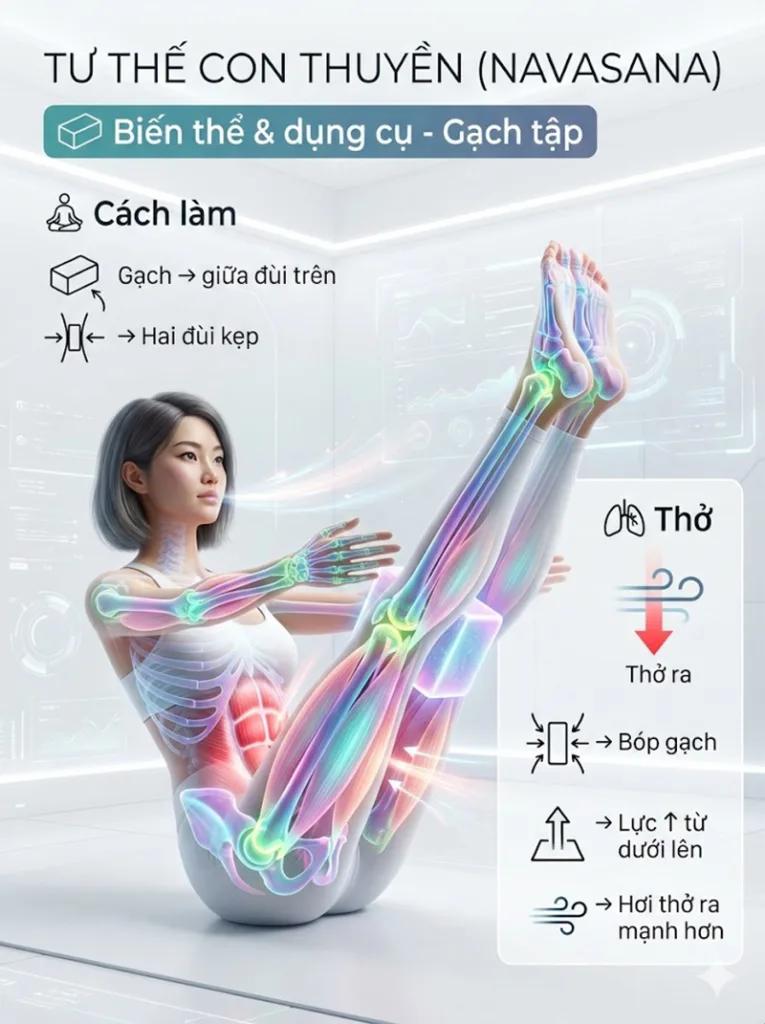 Ứng dụng hơi thở với biến thể tư thế con thuyền, với gạch tập