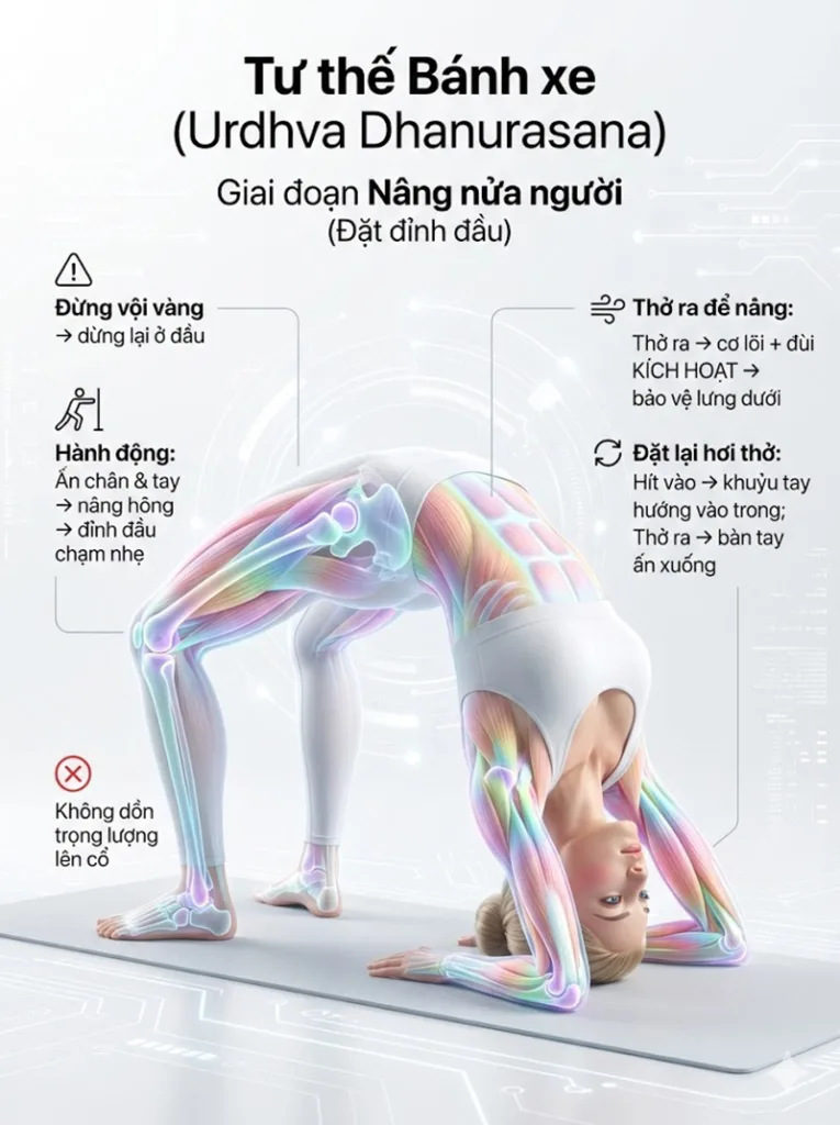 hít thở đúng trong tư thế bánh xe Pha Nâng người bán phần (Lên đỉnh đầu)