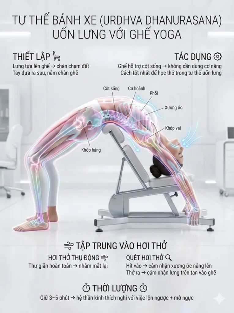 Ứng dụng hơi thở với  ghế Yoga (Chair Backbend) khi thực hiện tư thế bánh xe