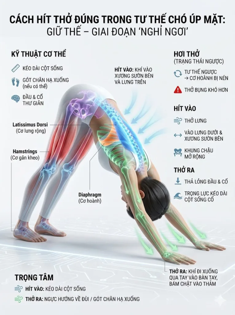 hít thở đúng trong tư thế chó úp mặt Pha Giữ tư thế (The "Resting" Phase)
