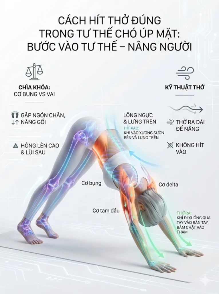 hít thở đúng trong tư thế chó úp mặt Pha Vào tư thế (The Lift)