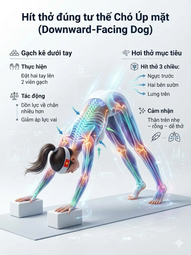 Ứng dụng hơi thở trong tư thế chó úp mặt với phương Dùng gạch kê dưới tay