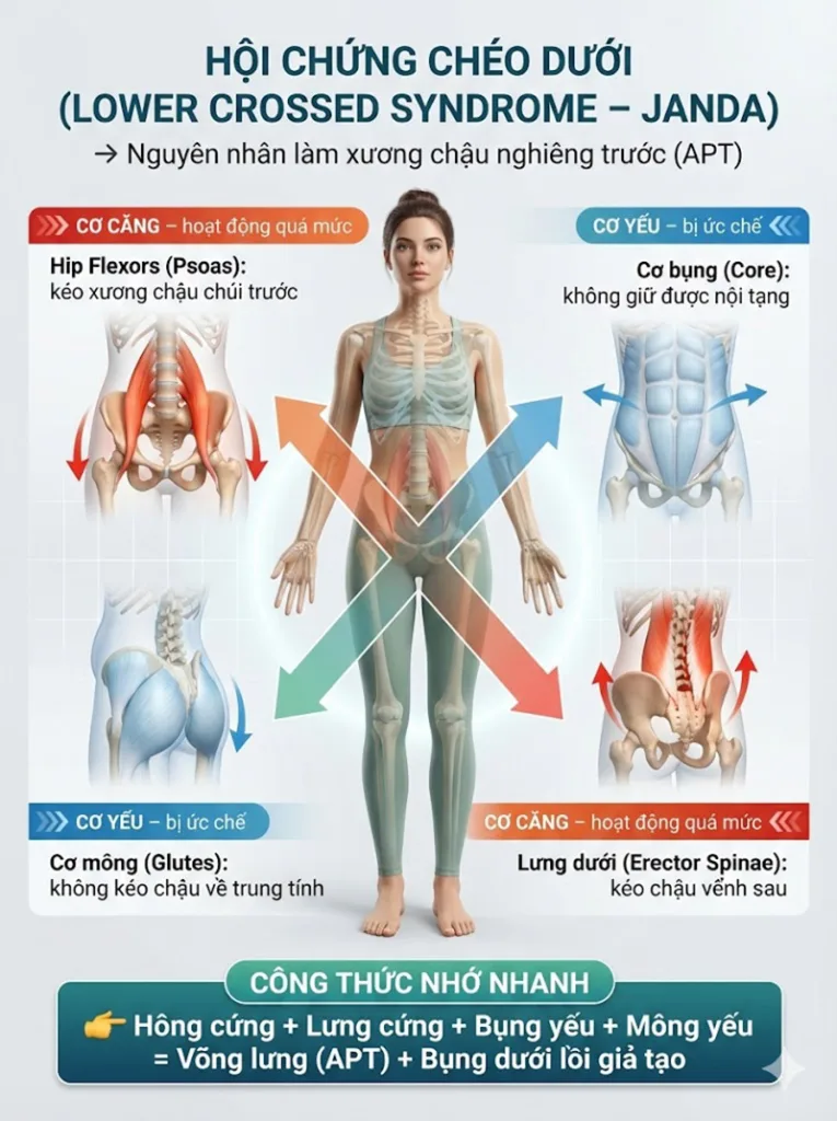 Lưng cứng + Hông cứng + Bụng yếu + Mông yếu = Võng lưng & Bụng to giả tạo.