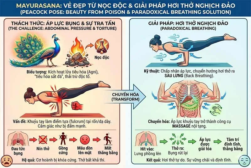vì sao tư thế con công gây khó thở