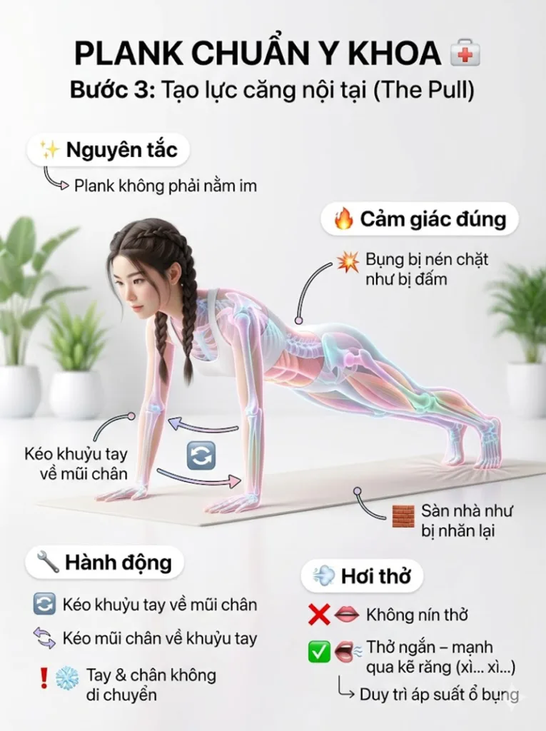 Hướng dẫn kỹ thuật tư thế plank chuẩn y khoa bước Tạo lực căng nội tại