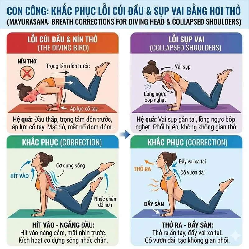 lỗi cúi đầu và sụp vai trong tư thế con công và cách khắc phục bằng hơi thở
