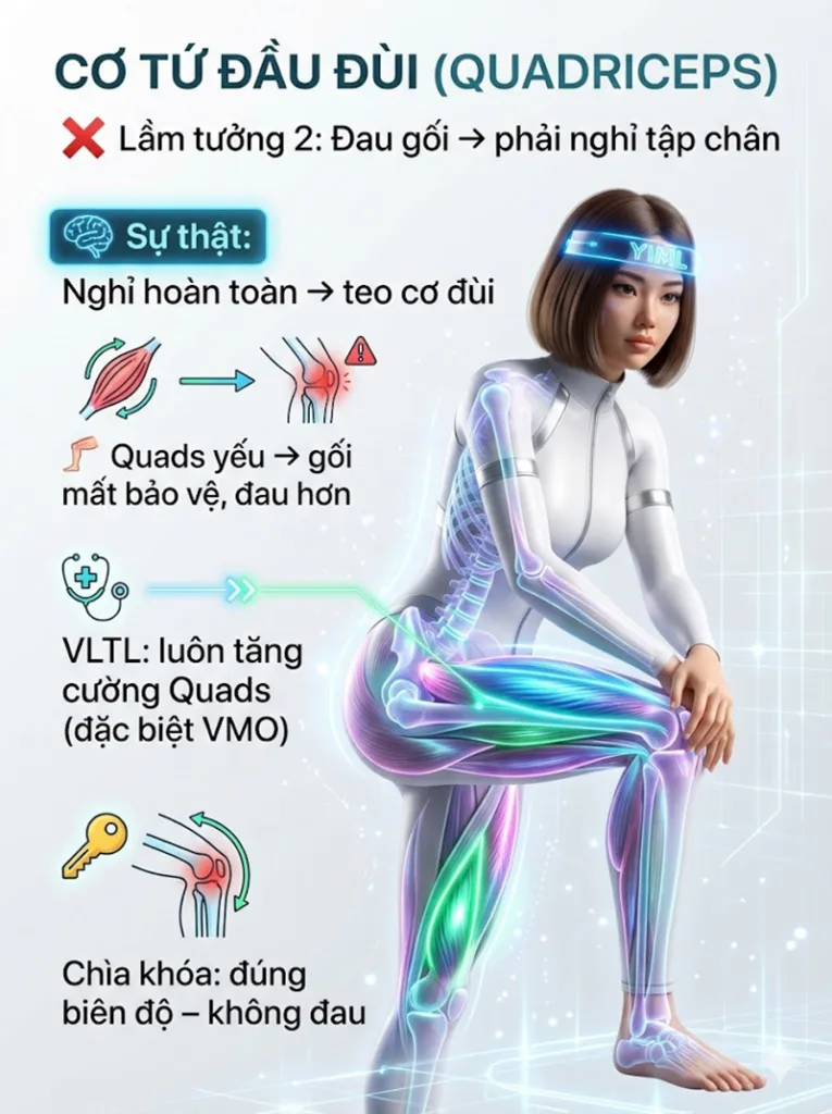 các hiểu lầm về cơ tứ đầu đùi Cứ đau gối là phải nghỉ tập chân