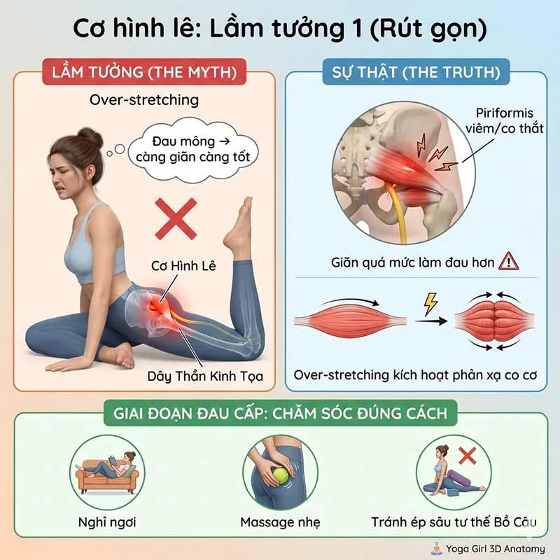 Nếu bạn bị đau do Hội chứng cơ hình lê, việc kéo giãn quá mức (over-stretching) đôi khi làm tình trạng tồi tệ hơn