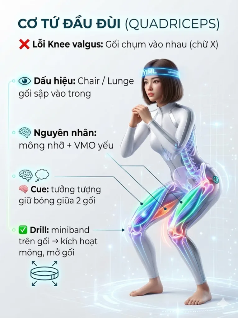 Lỗi "sụp gối vào trong" (Knee valgus collapse) làm ảnh hưởng tới chức năng của cơ tứ đầu đùi