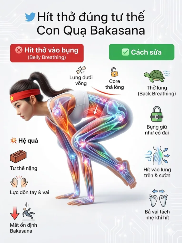 lỗi Hít thở vào bụng (Belly Breathing) (The Panic Hold) trong tư thế con quạ