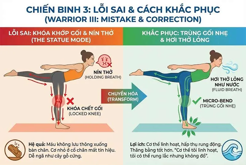 lỗi khóa khớp gối và nín thở trong tư thế chiến binh 3