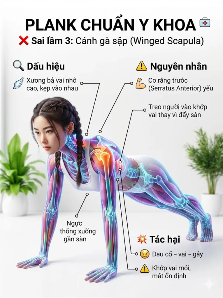 Cánh gà sập (Winged Scapula) trong tư thế plank