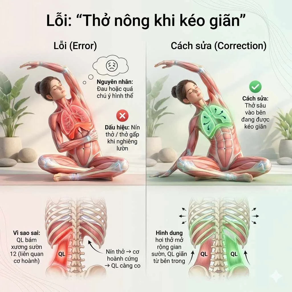 Lỗi "Thở nông khi kéo giãn"khi tập cho cơ vuông thắt lưng QL