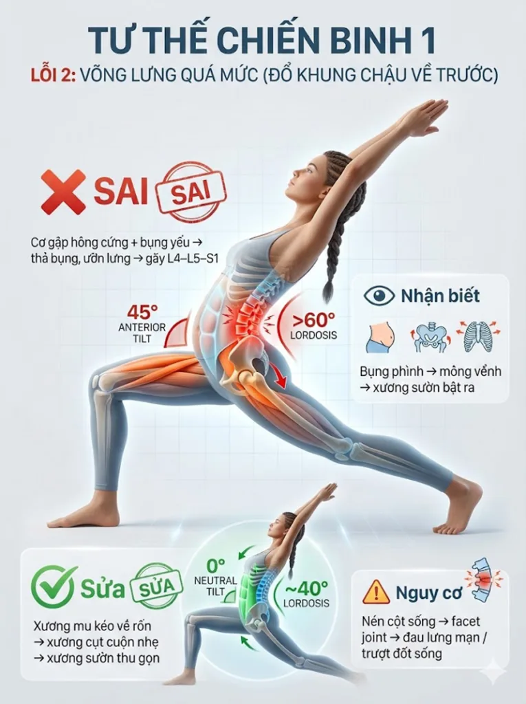 lỗi Võng lưng quá mức (Đổ khung chậu về trước) trong tư thế chiến binh 1