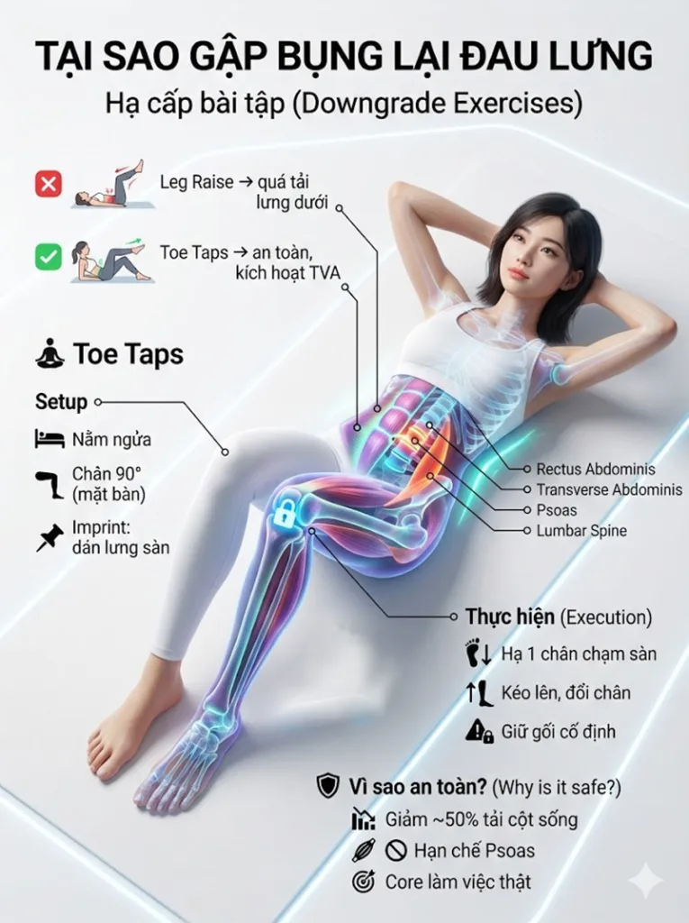 Hạ cấp độ bài tập (Regression): Từ "Leg Raise" về "Toe Taps" để cải thiện tình trạng đau lưng khi tập bụng