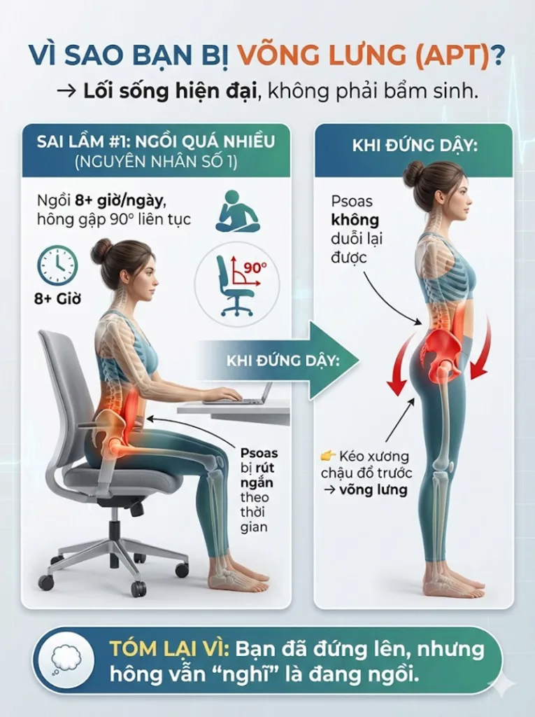 Tư thế ngồi quá nhiều là nguyên nhân dẫn tới võng lưng